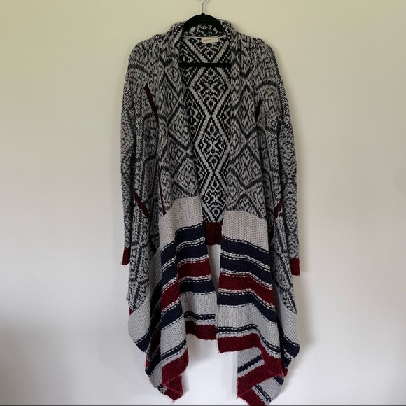 Anthropologie Sleeping on Snow Aztec Cardigan Open Shawl Gray Blue Maroon - Picture 2 of 12